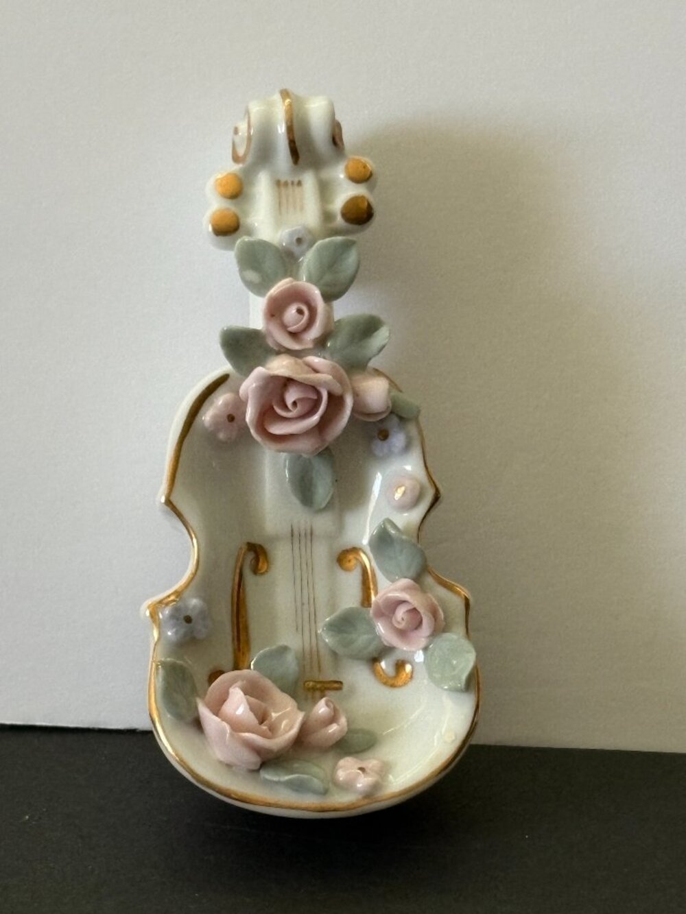 Lefton China Hand Painted Violin Shape Figurine Hanging Trinket Dish